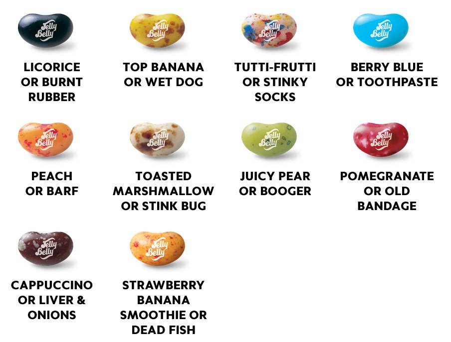 Jelly Belly BeanBoozled 7th Edition flavor card showing all ten lookalike pairs