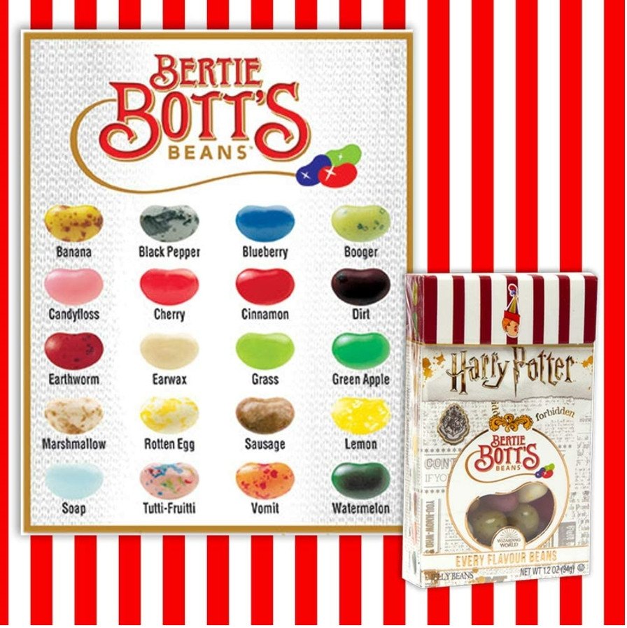 Harry Potter Bertie Bott's Every Flavour Beans box with the 20-flavor guide